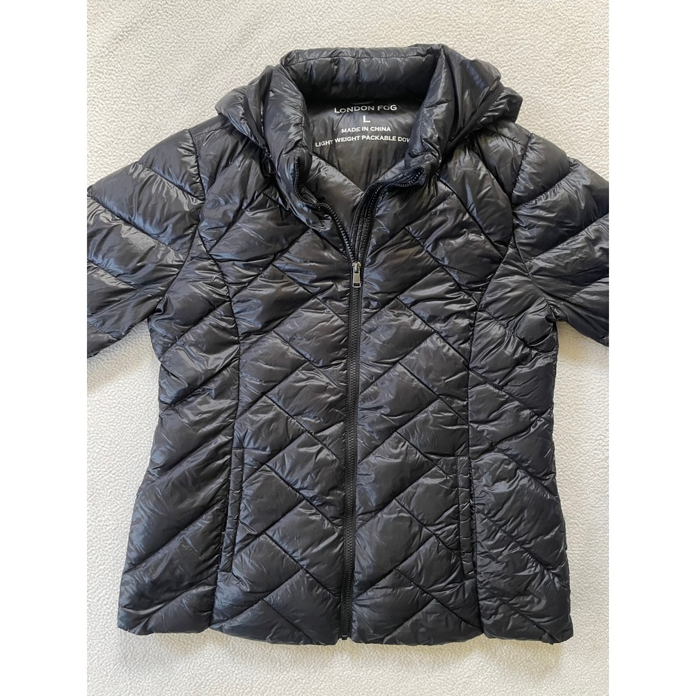 London Fog Womens Large Puffer Jacket Black Packable Down Hooded 7825101BSC